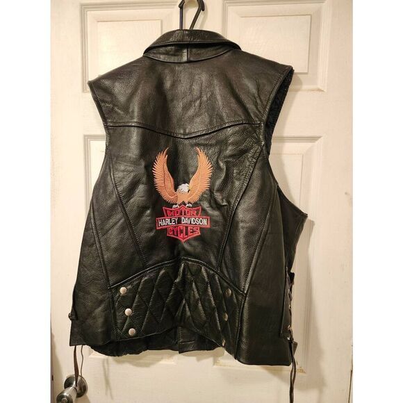 Biker Vest Leather Harley-Davidson Decals. Sides Have Leather  Adjustable  Ties - Picture 1 of 4